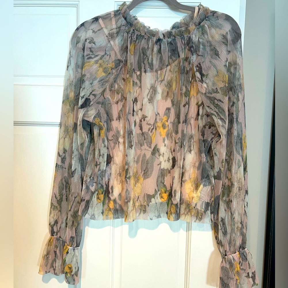 Anthropologie Floral Sheer Blouse w Flare Sleeve